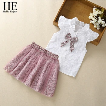 

HE Hello Enjoy Toddler Girls Summer Clothing Set Kids Clothes Cotton Bow Vest Tops+Mesh Dress Two-Piece Suit Children's 2020