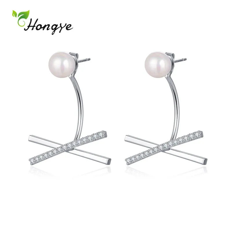 

Hongye New Korean Simple Pearl Drop Earrings for Women Party Fashion Girls AAA Zircon Cross Rear Hanging Brincos Fine Jewelry