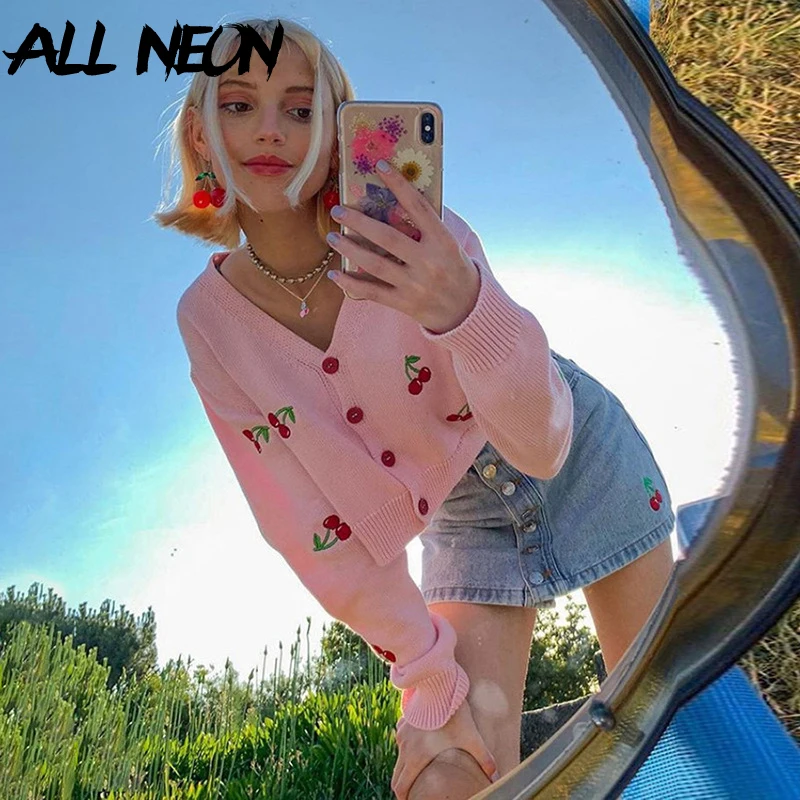 

ALLNeon E-girl Sweet Single-breasted Cherry Embroidery Knitted Cardigans Y2K Outfits Loosed V-neck Long Sleeve Cropped Tops Fall