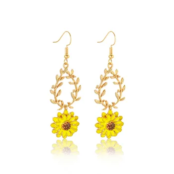 

2020 Fashion New Earrings Dripping Oil Double Daisy Flowers Leaves Blossom Season Series Handmade Dripping Earrings Sales Women