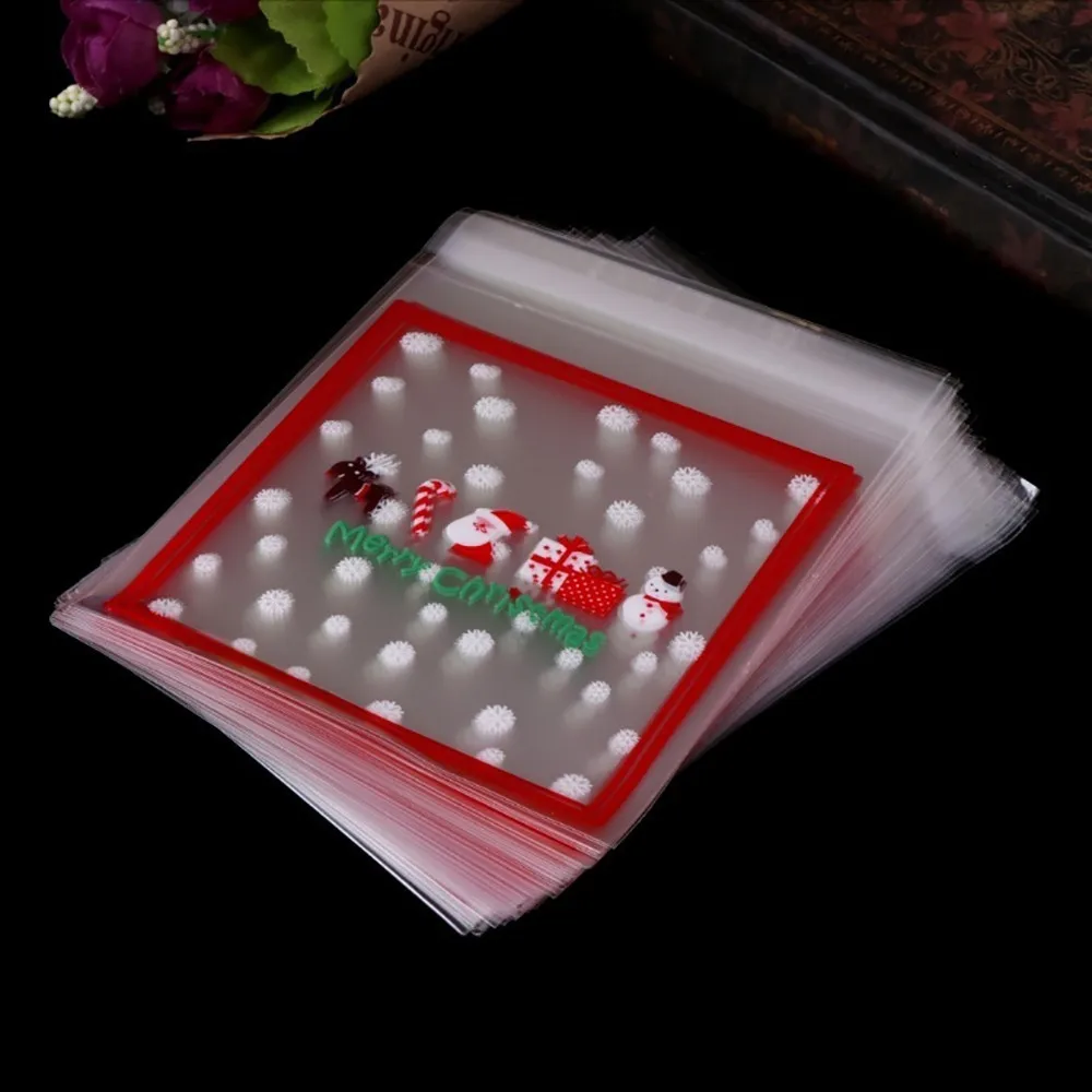 100 шт печенье конфеты сумки практичный полезный удобный самоклеющийся пластиковый пакет уплотнения печенья конфеты упаковочные сумки Рождественский мешочек - Цвет: C