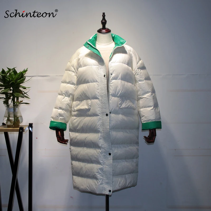 

2019 New Schinteon Korean Style Down Jacket Loose Winter Warm Long Outwear White Duck Down Coat Over Size Women Waterproof