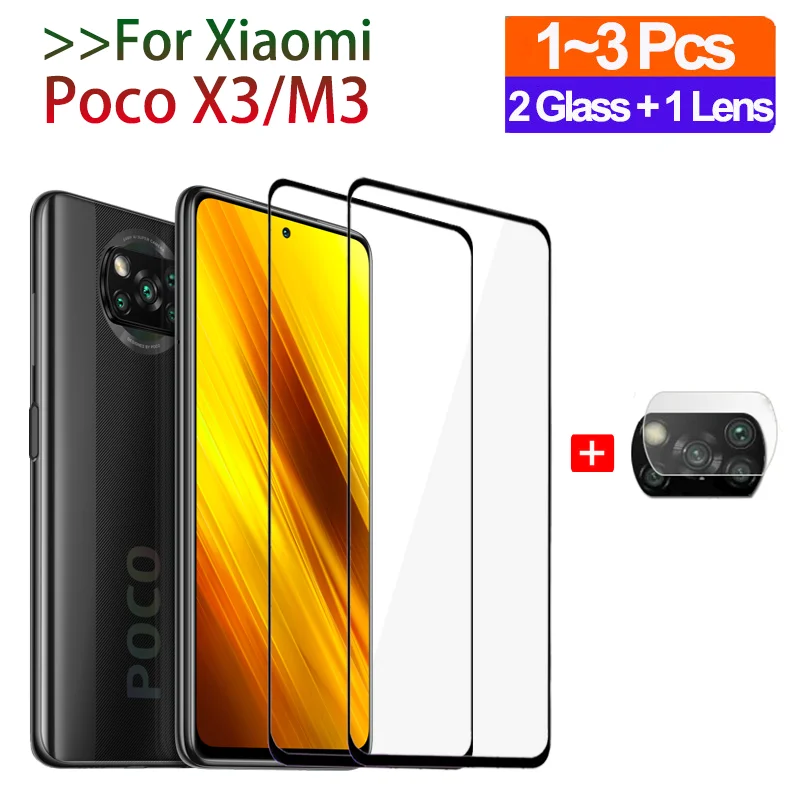 2+1шт полное покрытие Poco M3 стекло камеры пленка + защита экрана X3 NFC Glass Pocophone