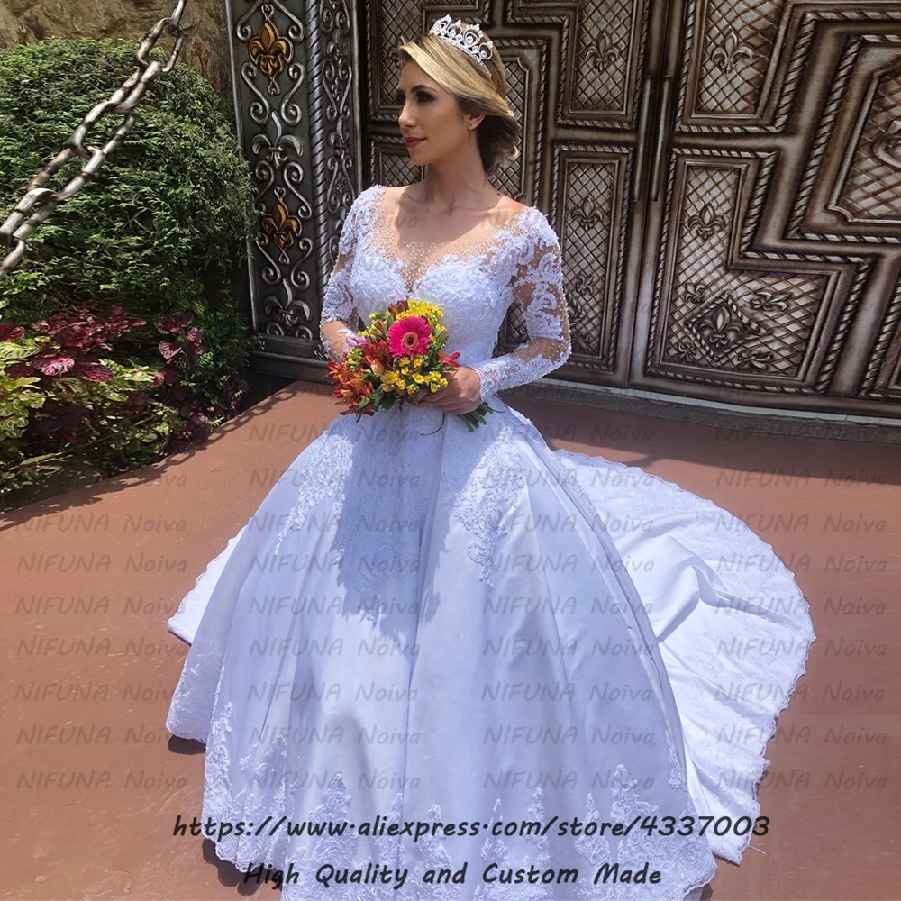 Vestido de Noiva без спинки атласное бальное платье Свадебные платья Длинные Шлейфы для свадебных платьев Роскошные жемчужные кружева с длинным рукавом свадебное платье