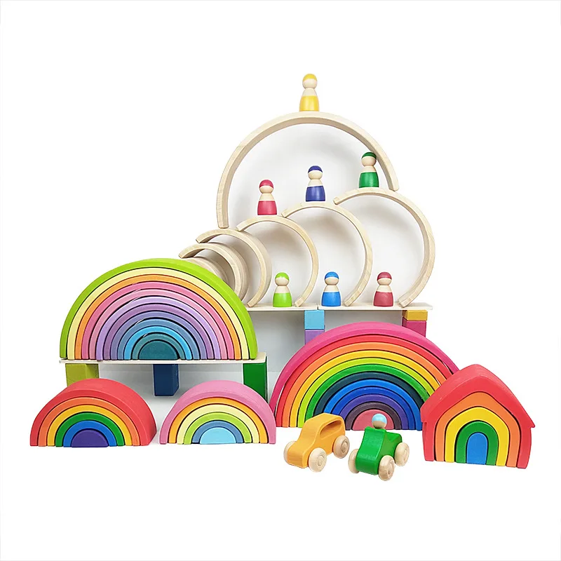 DIY çocuk ahşap oyuncak yaratıcı yığılmış gökkuşağı yapı taşları bebek oyuncakları büyük boy Montessori eğitici oyuncaklar çocuklar için