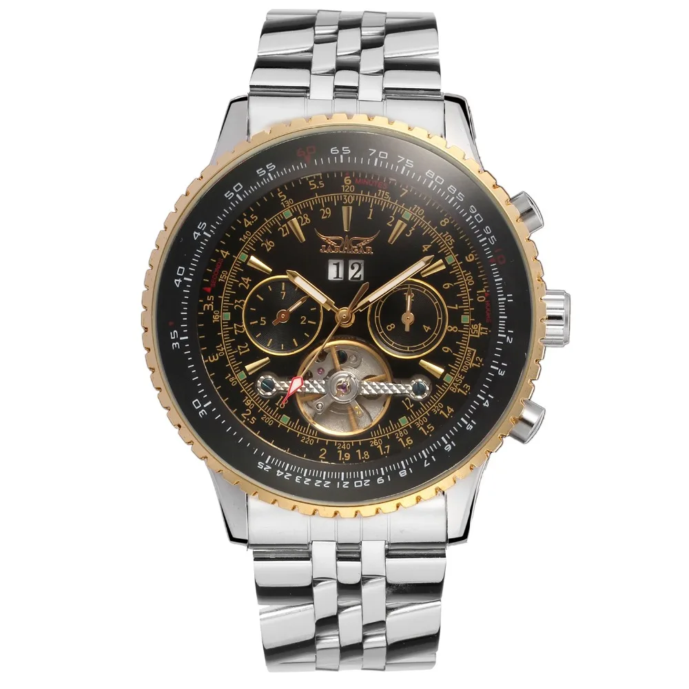 Jaragar Брендовые мужские часы золотые из нержавеющей стали Tourbillon дизайн календарь дисплей мужские часы автоматические механические часы