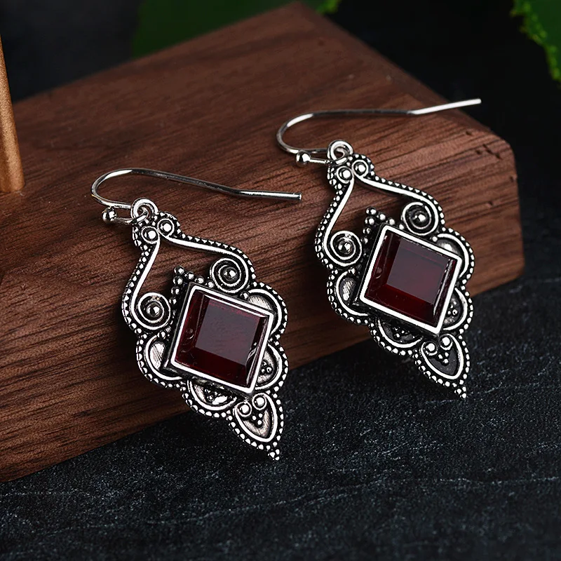 Bague Ringen Vintage Thai Silver 925 Jewelry Gemstone Earrings for Women Square Ruby Auspicious clouds Party Accessories GIFT
