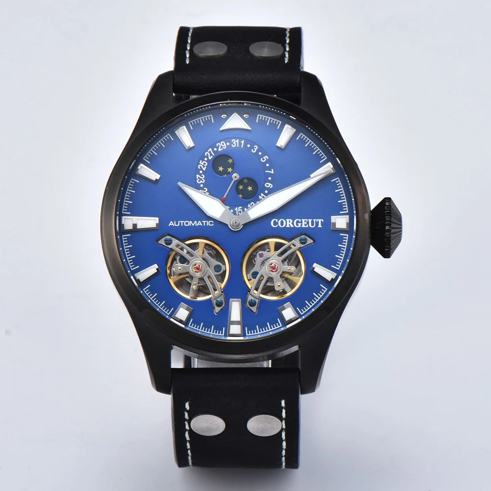 Corgeut 46MM Mens Hollow Tourbillon blue dial sapphire leather steel black case Automatic moon phase calendar mechanical watch | Наручные