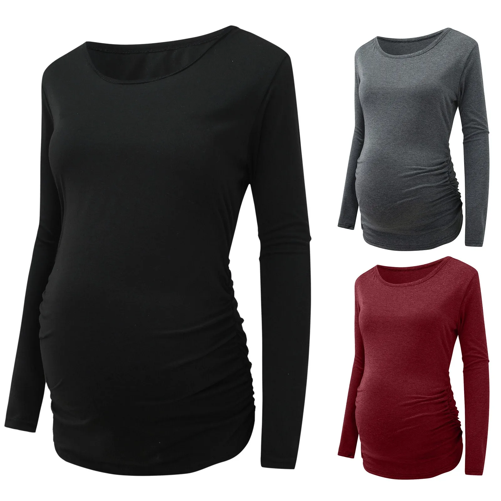 

Women's Maternity Tunic Tops Mama Clothes Flattering Side Ruched Long Sleeve Scoop Neck Pregnancy T-shirt Casual Solid Clothing