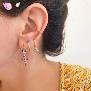 925 Sterling Silver Rainbow/Purple/White Zircon Cross Pendant Hoop Earrings for Women Simple Circle Earrings Fashion Jewelry