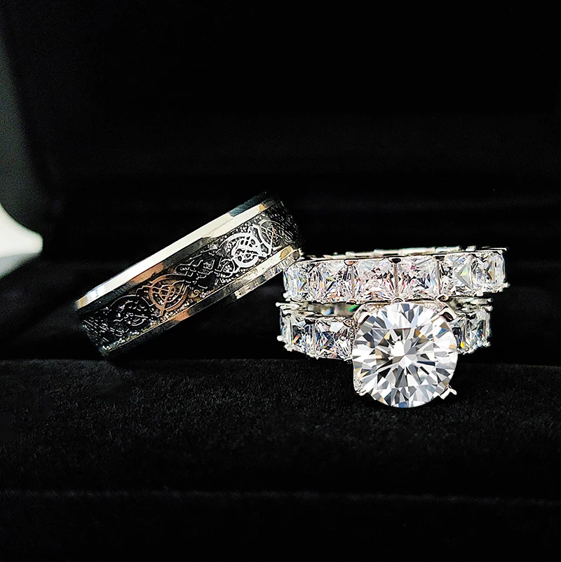 

Real 925 Sterling Silver 3pcs in 1 Couple Wedding Ring Set for Bridal Women and men Finger Gift Africa Fashion Jewelry R5298S