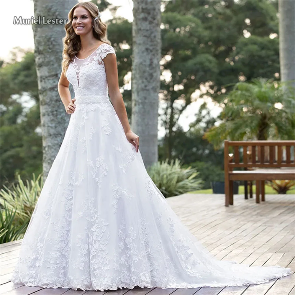 

Robe De Mariee Short Cap Sleeves Lace A Line Appliques 3D Flowers Women Bride Vintage Boho Wedding Dresses Plus Size Trouwjurk