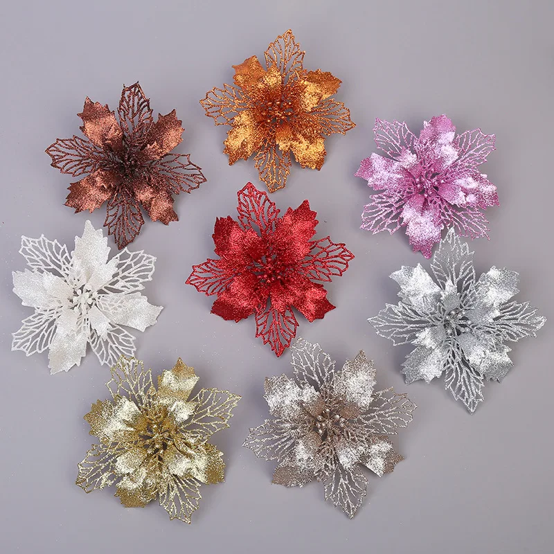 5PCS Hollow Artificial Christmas Flowers Glitter Tree Garland Fake Flower Decorations For Home Gift Xmas Ornament