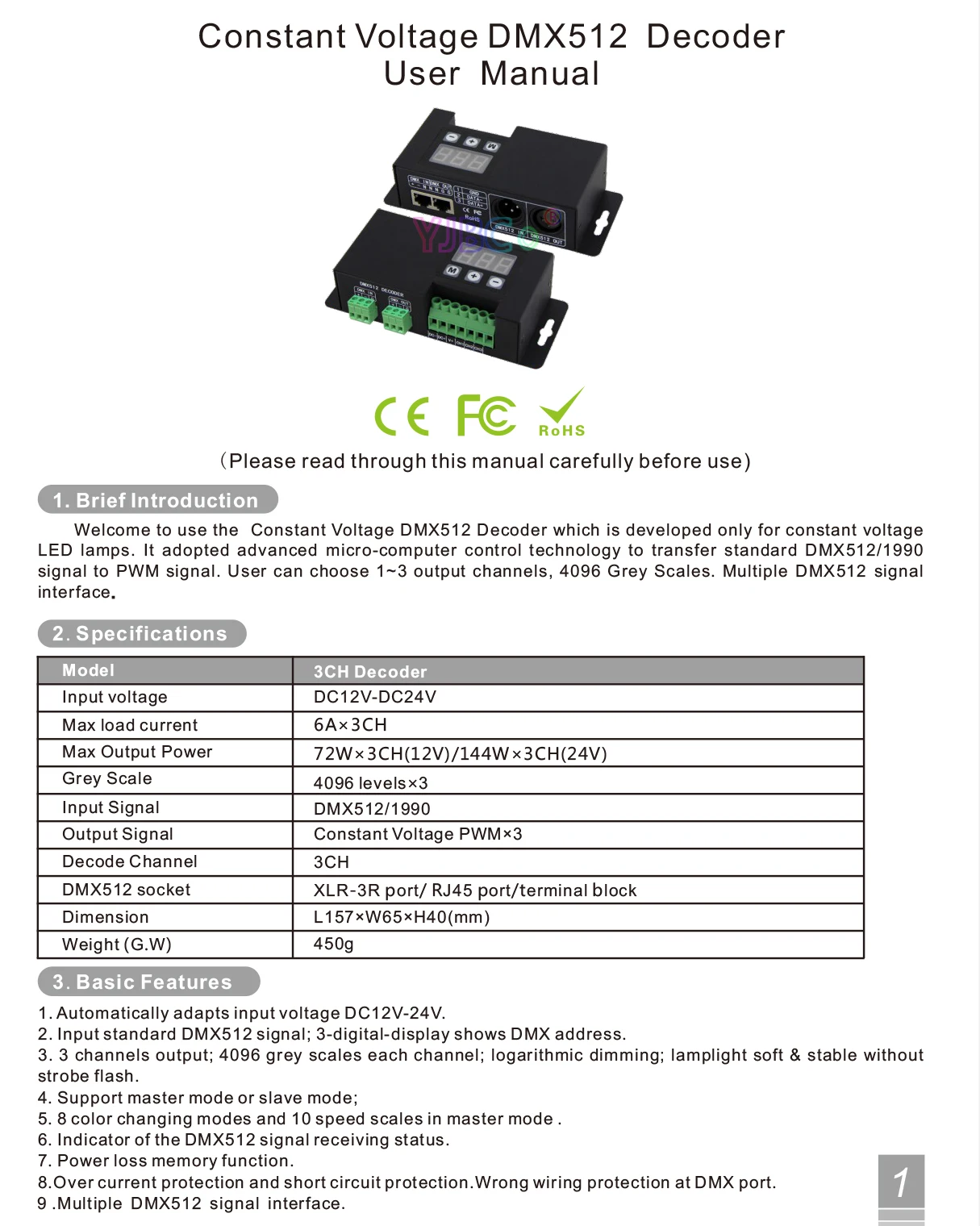 Description Picture 3 of itemBincolor 12V-24V CV PWM DMX512/1990 Signal Decoder BC-853 DMX RGB LED Strip Controller 6A*3CH Output Dimmer For RGB Lights Tape