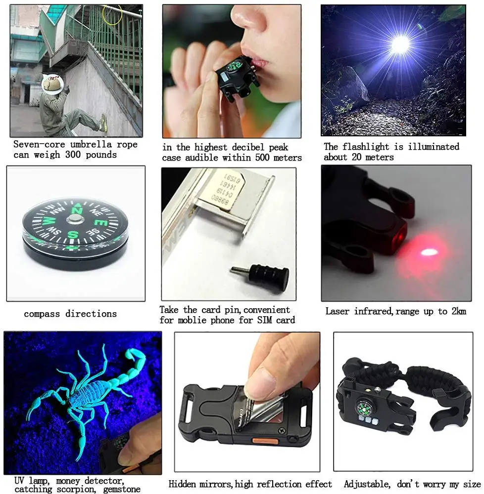 Survival Paracord Bracelet Tactical Emergency Gear Kit With Laser Infrared SOS LED Flashlight UV Lamp Compass Rescue Whistle (21)
