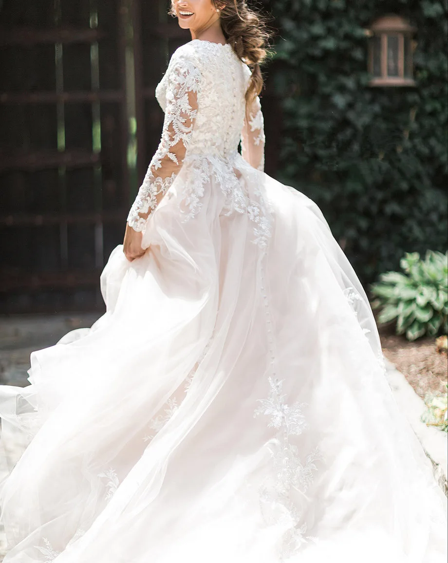 Robe De Mariee Свадебные платья с длинным рукавом Тюль Кружева Вечерние платья Роскошные Vestido De Noiva свадебное платье
