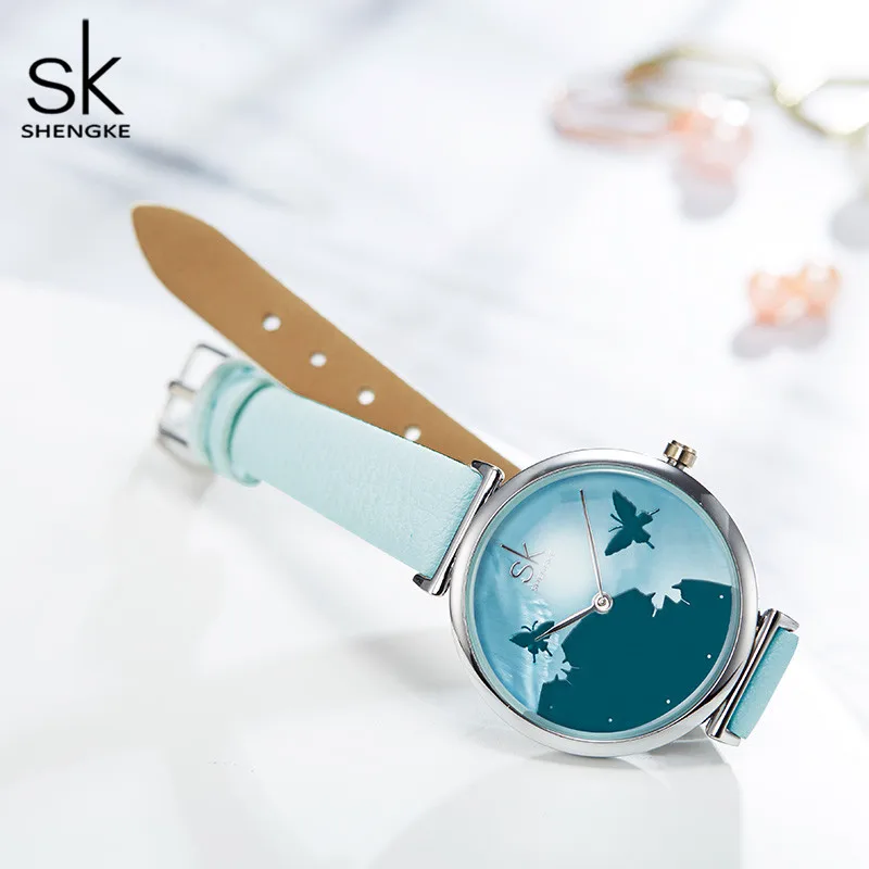 Женские Водонепроницаемые кварцевые часы Shengke синие наручные с кожаным ремешком