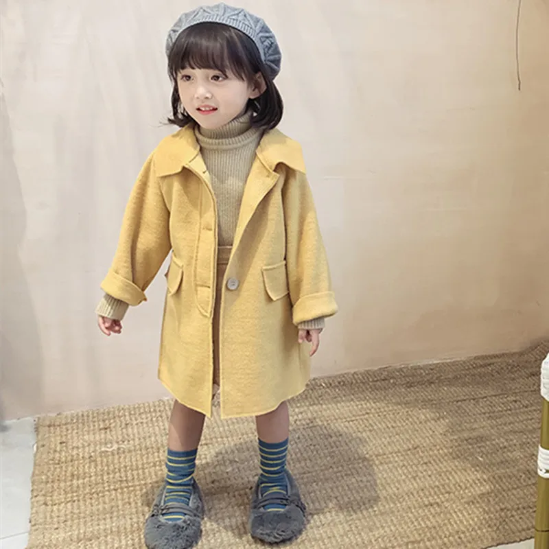 Yellow Модное длинное шерстяное пальто для маленьких девочек; высокое качество; Корейский детский однобортный Кардиган; Верхняя одежда для детей 1-7 лет; детская одежда - Цвет: Yellow