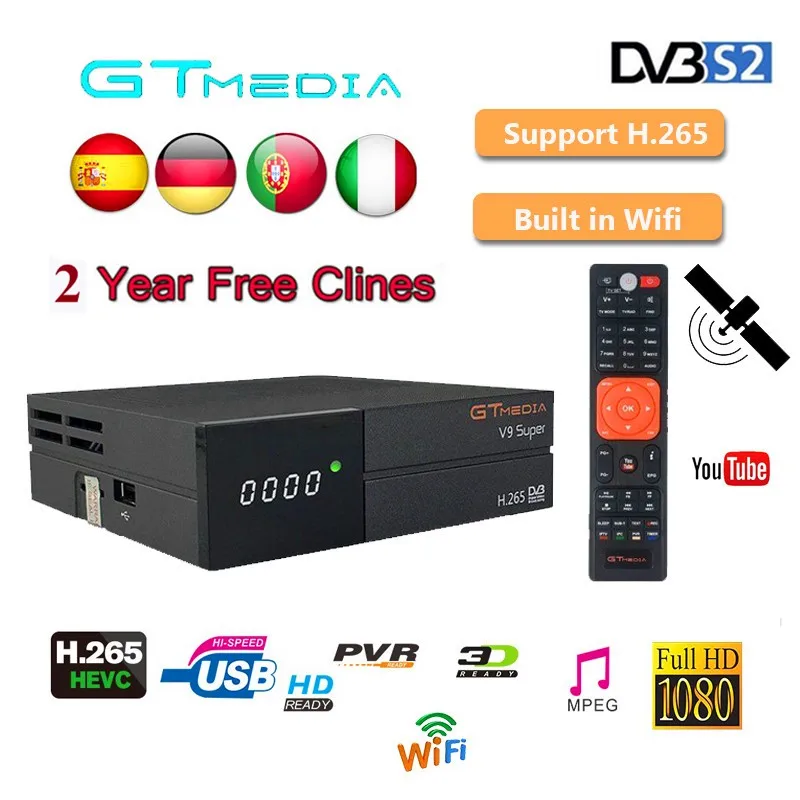 GT медиа спутниковый ресивер V9 супер DVB-S2 H2.65 FREESAT V9 супер спутниковый ТВ ресивер HD 1080P с 2 года 6 линий