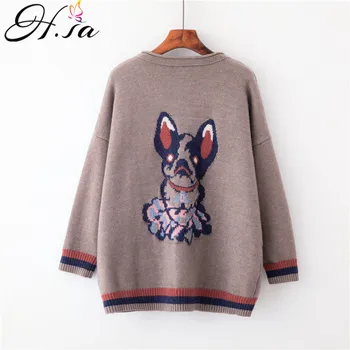 

H.SA Women Spring Sweater and Cardigans Long Sleeve V neck Button Up Loose Jumpers Animals Spring Knitwear Out Tops DOG Jacket