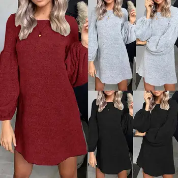 

2020 Casual Women Solid Color Long Puff Sleeve Cotton Loose Bottoming Top Mini Dress Cotton Loose Top Mini Casual Women Dress