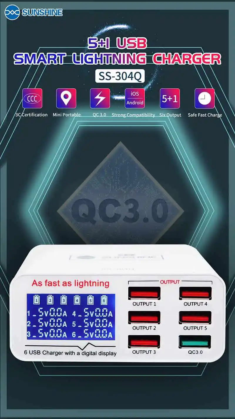 SUNSHINE QC 3,0 5V 2.0A зарядное устройство с шестью отверстиями для мобильного телефона Быстрая зарядка источник питания отображение напряжения тока usb-устройства