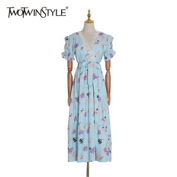 

TWOTWINSTYLE Print Patchwork Lace Hit Color Dress For Women V Neck Puff Sleeve High Waist Bowknot Lace Up Dresses Female 2020