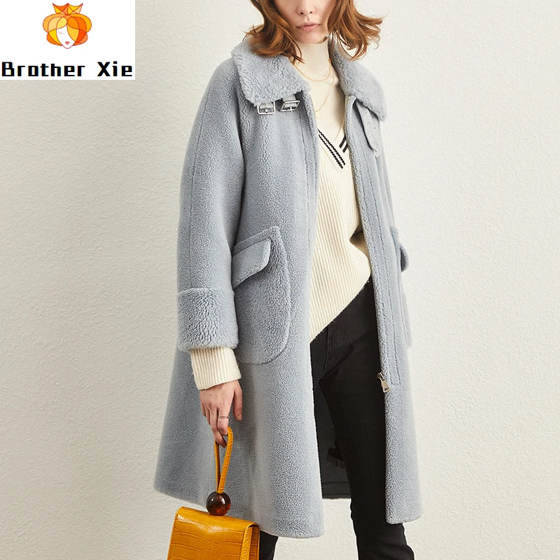 

2020 autumn winter new granular sheep shearing coat women's medium long lambskin fur fur fur one piece coat