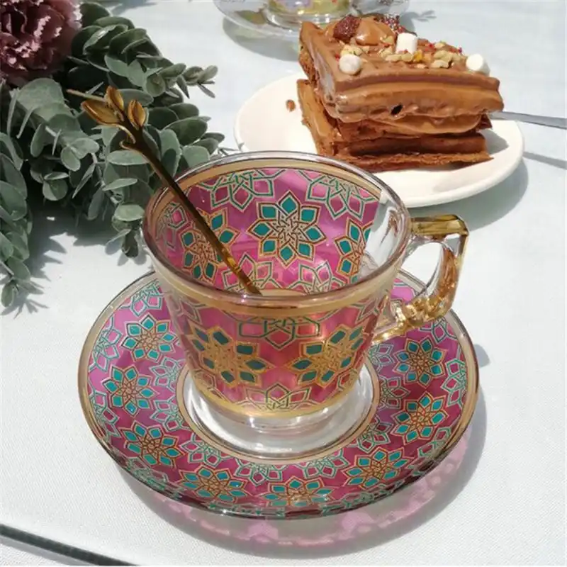 ガラスカップ ソーサーとスプーンゴールドハンドルマグ誕生日プレゼントウェディングギフト高級トルコスタイル台所用品0ミリリットル コーヒー カップ マグ Aliexpress