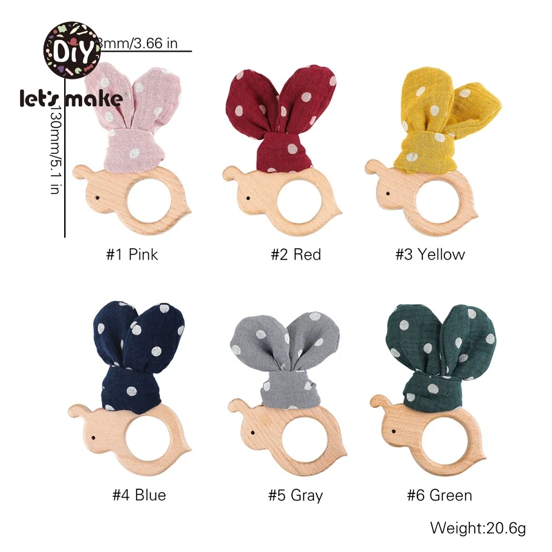 Let's Make 1PC Baby Teethers Pendant BPA Free Beech Wooden Rodent Animal Cotton Bunny Ear Bee Baby Teething Toys Wood Teether