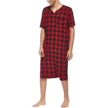 FAKUNTN New  Men Underwear Summer Man Short Sleeve V-neck Plaid Printed Pattern Sleepwear Male Loose Pajama Comfortable Homewear