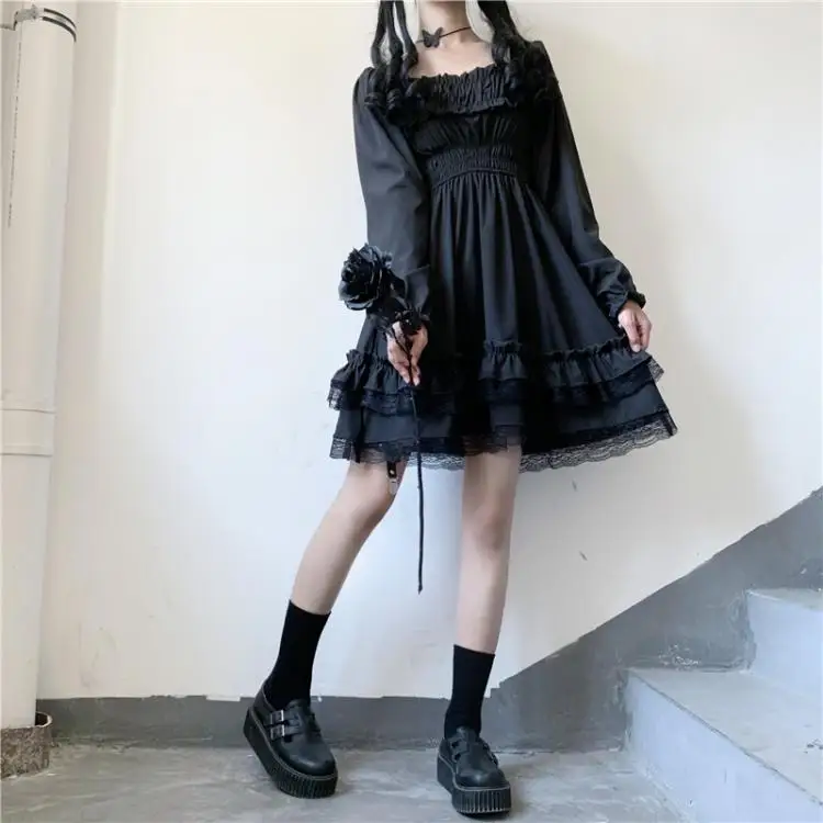 Japanese Lolita Style Women Princess Black Mini Dress Slash Neck High Waist Gothic Dress Puff Sleeve Lace Ruffles Party Dresses satin dress