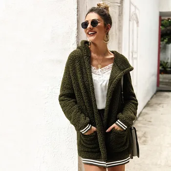 

Women Plush Hooded Cardigan Long Loose Warm Solid Colo Ladies Coat Long-sleeved Hooded Oversize Outwear Clothes