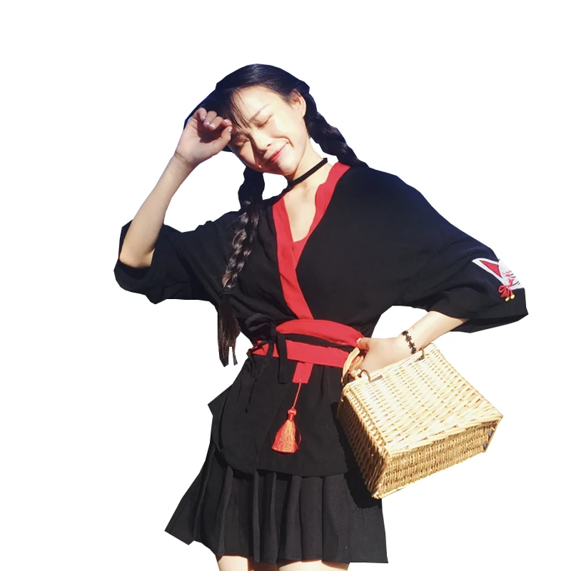 Черное женское японское кимоно японского стиля, женское вышитое пальто юката для девочек, кимоно, косплей