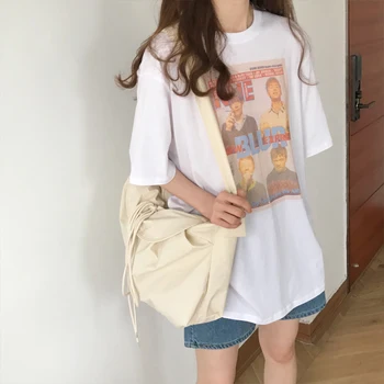 

South Korea summer edition white round neck loose short sleeve T-shirt for woman European-american portrait T-shirt