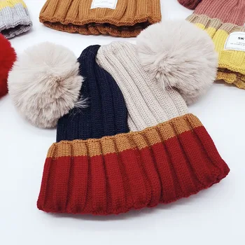 

Warm Newborn Cute Winter Warm Kids Baby Ball Design Hats Patchwork Knitted Wool Hemming Caps
