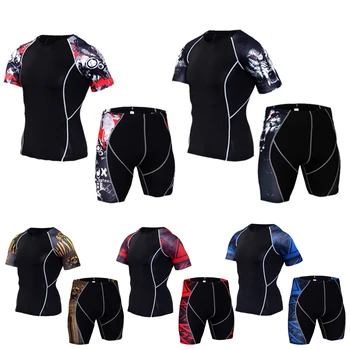

male jogging suit Compact clothes sportswear thermal underwear suit mma rash guard male Short sleeve pants leggings shorts