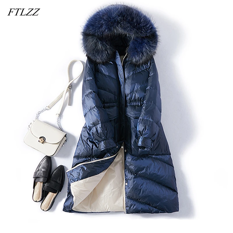 

FTLZZ 2019 New Large Real Fur Collar Parkas Women Winter White Duck Down Hooded Down Jacket Long Coat Slim Streetwear Outerwear