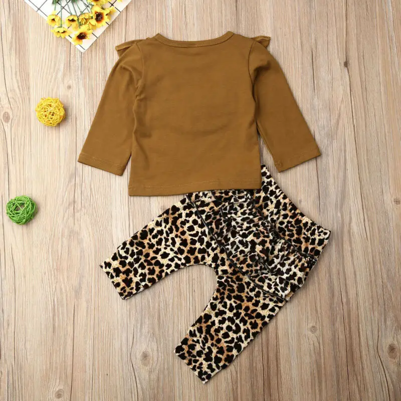 Одежда с леопардовым принтом для новорожденных девочек от 0 до 3 лет, 2 предмета топ с оборками, длинные штаны, комплект одежды