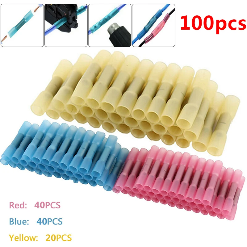 

100pcs 10-22 AWG Waterproof Solder Sleeve Heat Shrink Soldering Terminals Electrical Wire Insulated Butt Wire Connectors Kit