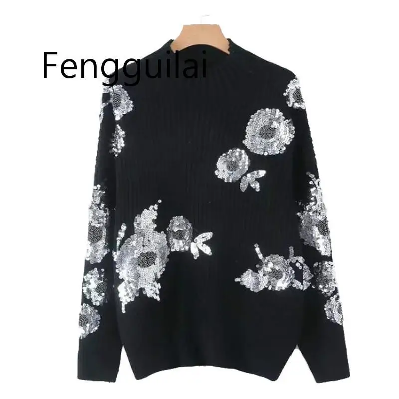 FENGGUILAI 2020 Women Sequined Flower Knitted Sweater Loose Turtleneck Sequins Beading Pullovers Sweater Winter Thick Black Tops FENGGUILAI 2020 Women Sequined Flower Knitted Sweater Loose Turtleneck Sequins Beading Pullovers Sweater Winter Thick Black Tops