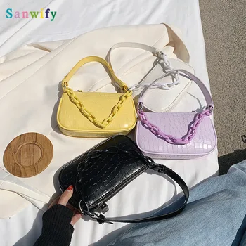 

Simple Wild Solid Color Chain Underarm Bag Baguette Package Female 2020 New Korean Version of The Leisure Crocodile Handbag