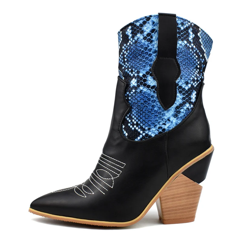 

Plus Size 48 New Short Ankle Boots Brand Embroidered Western Cowboy Boots for Women Square Med Heels Autumn Winter Shoes Woman