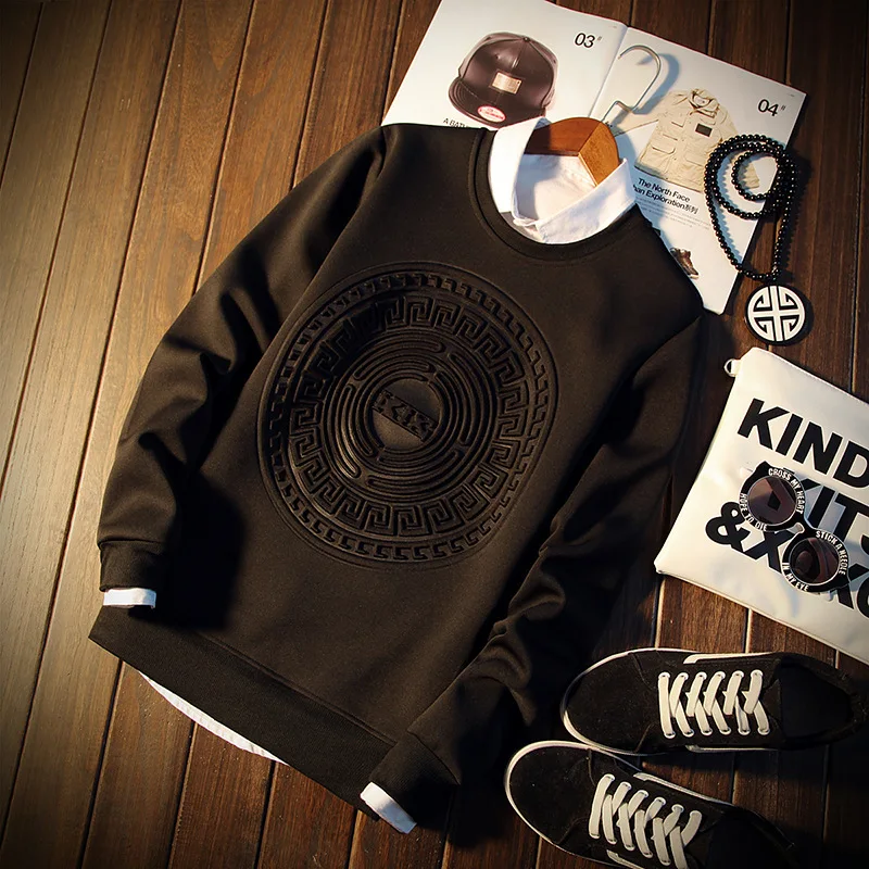 

2019 New Style Spring Clothing Fashion Embossed Crew Neck Large Size Long-sleeved T-shirt Versatile Trend Element Casual Men'S W