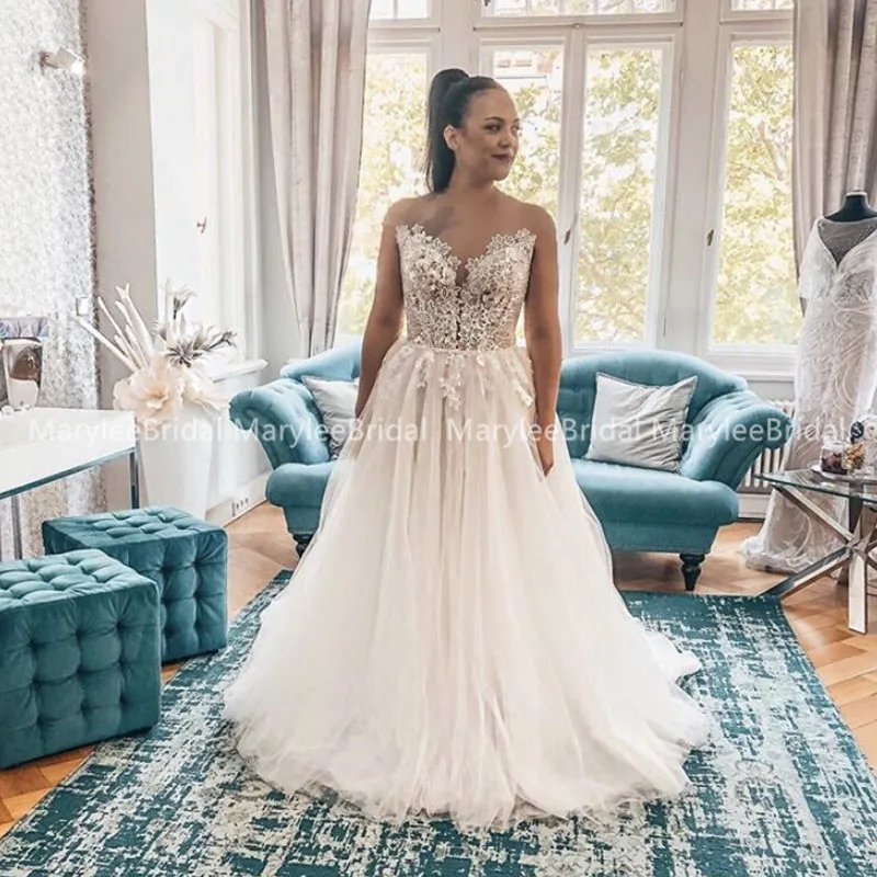 Charming A-line Boho Wedding Dresses Sheer Scoop Neck Romantic Appliques Bridal Dress See Through Buttons Back Robe De Mariee | Свадьбы и