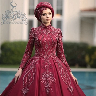 

Luxury Burgundy Satin Beading A-line Wedding Dresses High Neck Long Sleeves Bridal Gowns Custom Made Muslim Bride Dress Vestidos