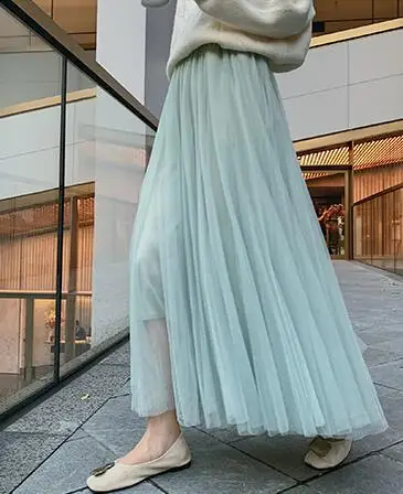Pea green REALEFT новые весенние летние длинные плиссированные юбки с высокой талией сетчатые Лоскутные юбки до середины икры из тюля женские вечерние юбки а-силуэта - Цвет: Pea green