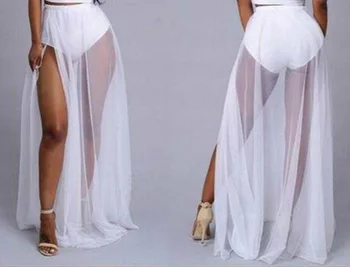 

Summer Women See Through Skirts High Waist Mesh Skirts Empire Side Split Skirt Solid Transparent Chiffon Maxi Long Skirt