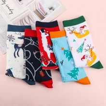 1 пара, рождественские осенне-зимние женские носки, повседневные, унисекс, теплые, с лосем, снеговиком, средние, с забавным рисунком, Длинные хлопковые носки