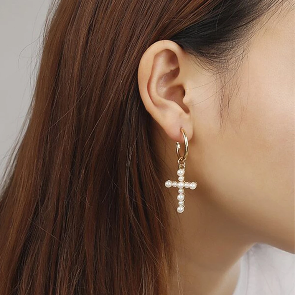 

New Fashion Women's Cross Drop Earrings White Imitation Pearl Dangle Earrings Gold Statement Bridal Elegant Gift Jewelry